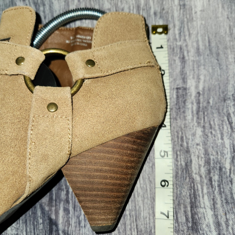 Wedge Heel Booties Open Toe Faux Suede Ankle Boots Tan Wide Width 9W Gold Accent - Picture 8 of 14